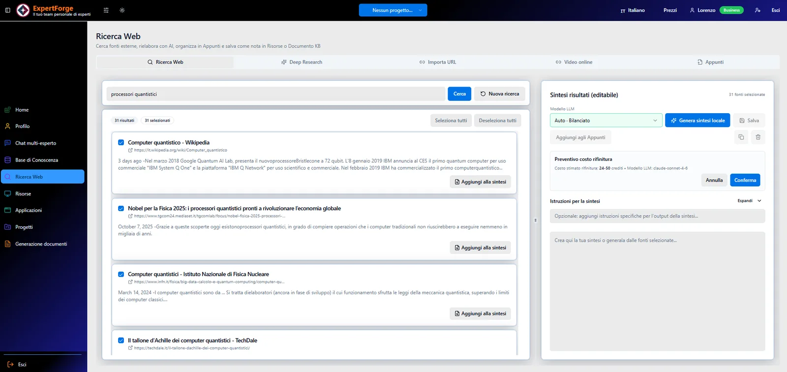 Schermata della ricerca web con selezione delle fonti e pannello di sintesi