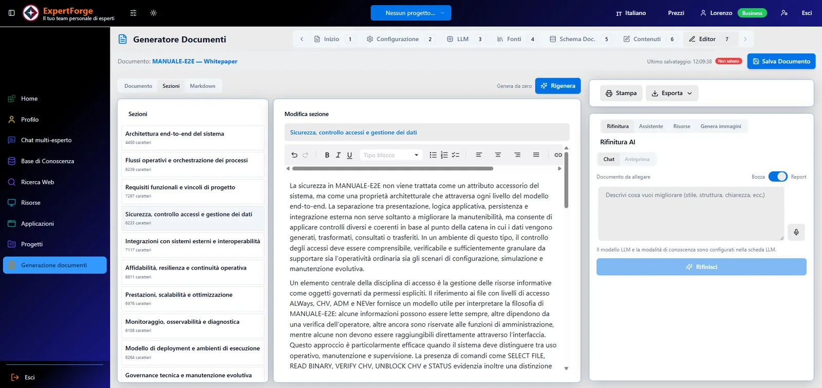 Schermata dell’editor di generazione con navigazione per sezioni e pannello di lavorazione