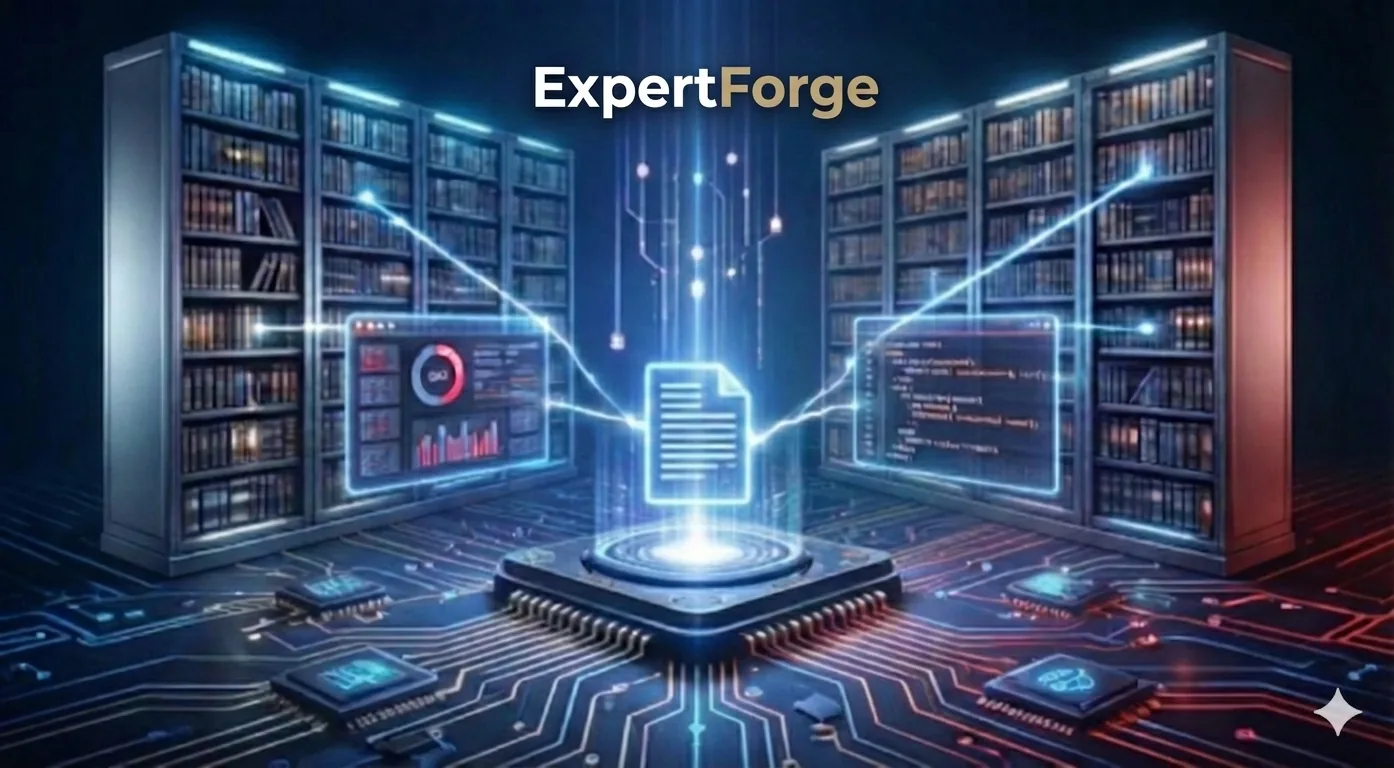 Illustrazione di ExpertForge: due biblioteche digitali convergono su un documento generato al centro di un circuito
